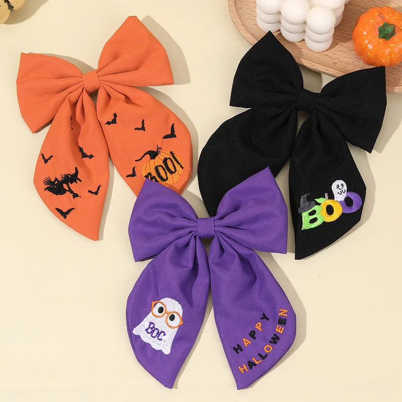 Halloween Gothic Hair Clips Set - Ghost Bat Pumpkin Embroidery for Girls & Children