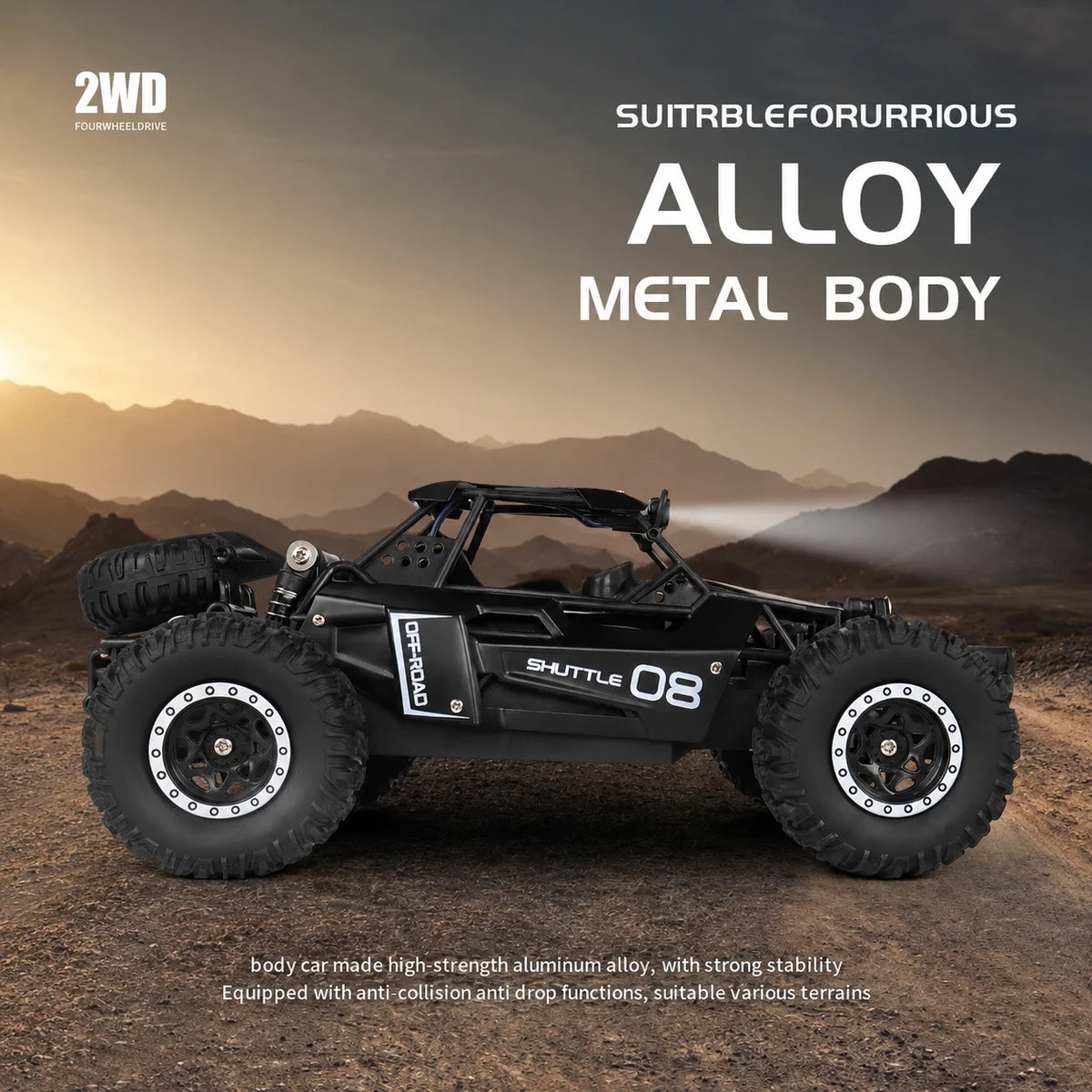 High Speed Off-Road RC Car 1:16 Alloy Buggy with LED Lights & Shock Absorbers