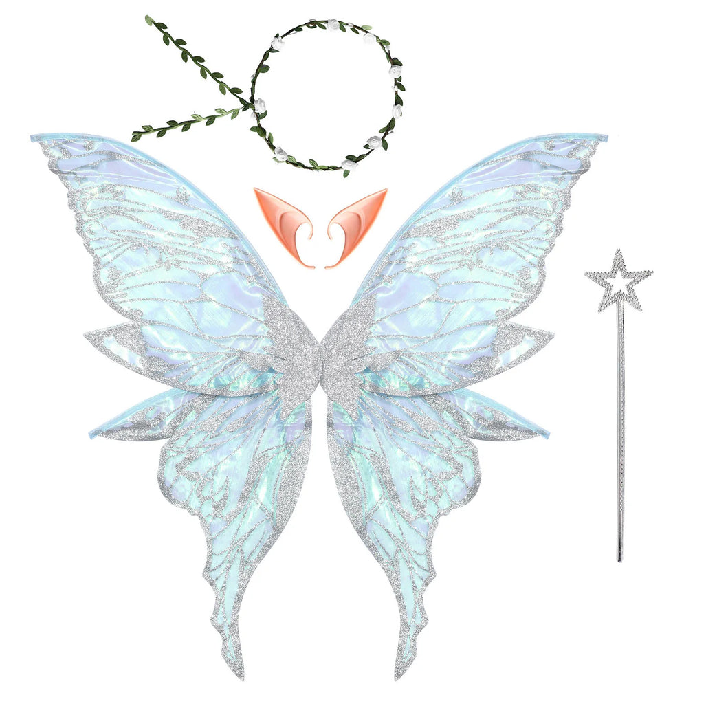 Fairy Elf Costume Wings Set with Elf Ears, Fairy Stick & Garland for Cosplay & Party