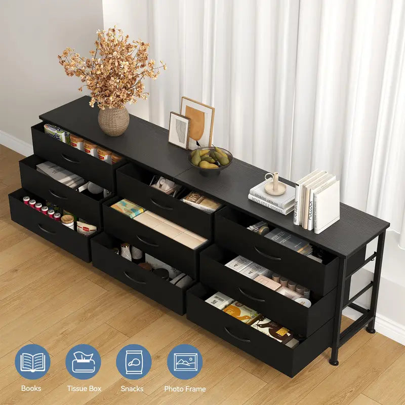 Long Living Room Cabinet with 9 Fabric Drawers - TV Storage & Display Furniture
