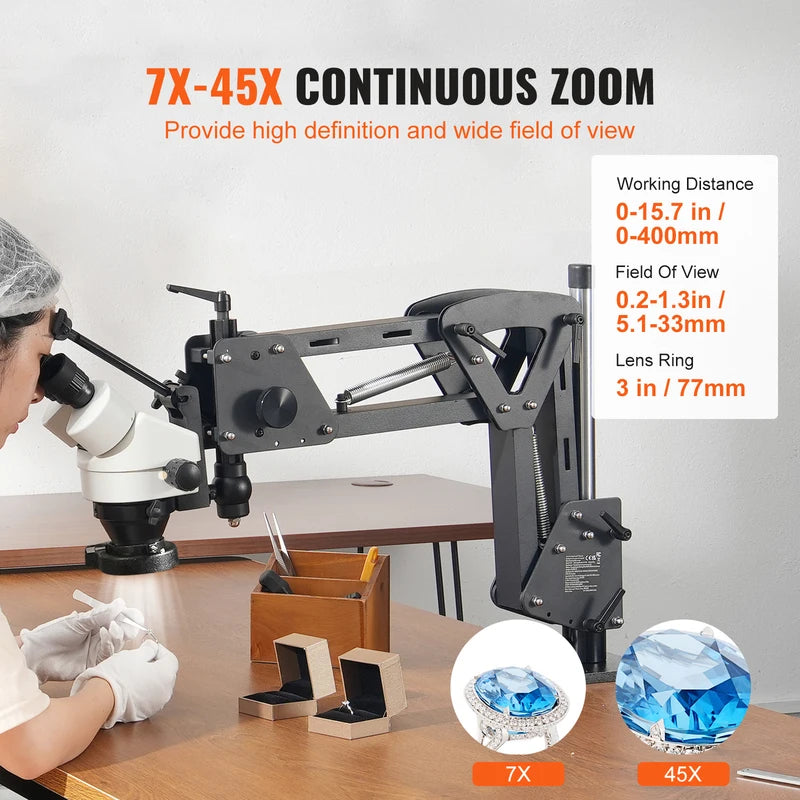 Multi-Directional Jewelry Microscope with 7X-45X Continuous Zoom and LED Stand