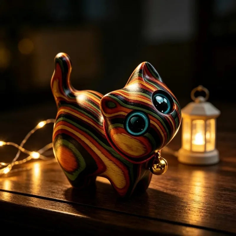 Painted Wooden Cat Sculpture - Small Kitten Home Decor Ornament