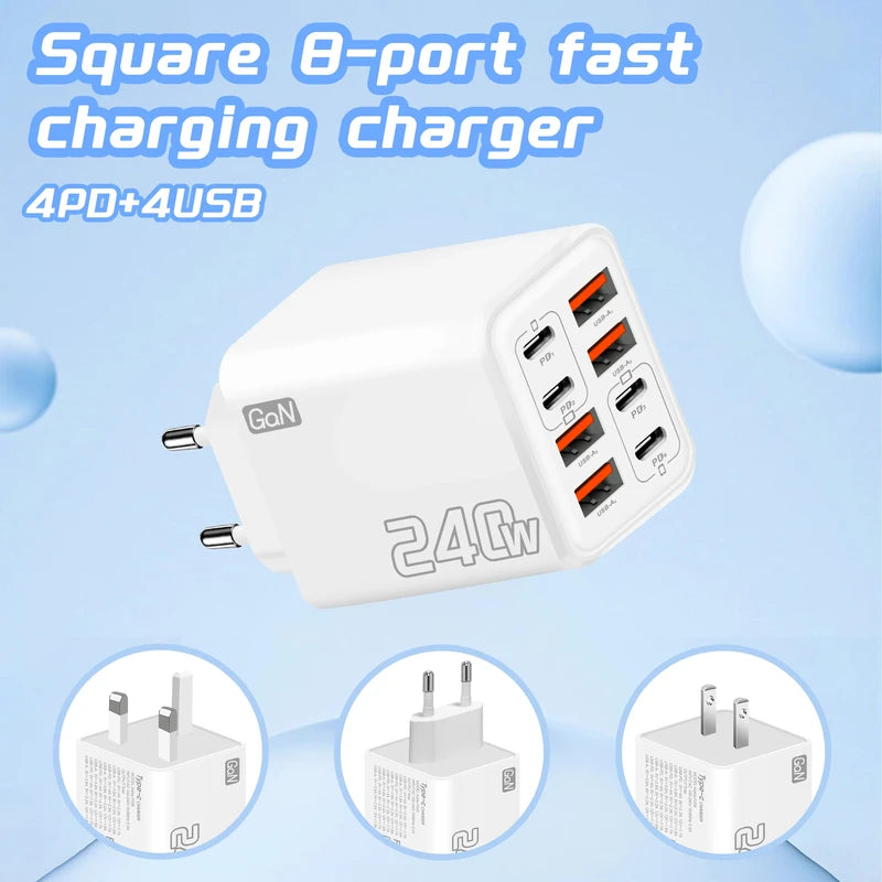 240W GaN USB C Charger 8-in-1 Fast Charging Power Adapter for Smartphones