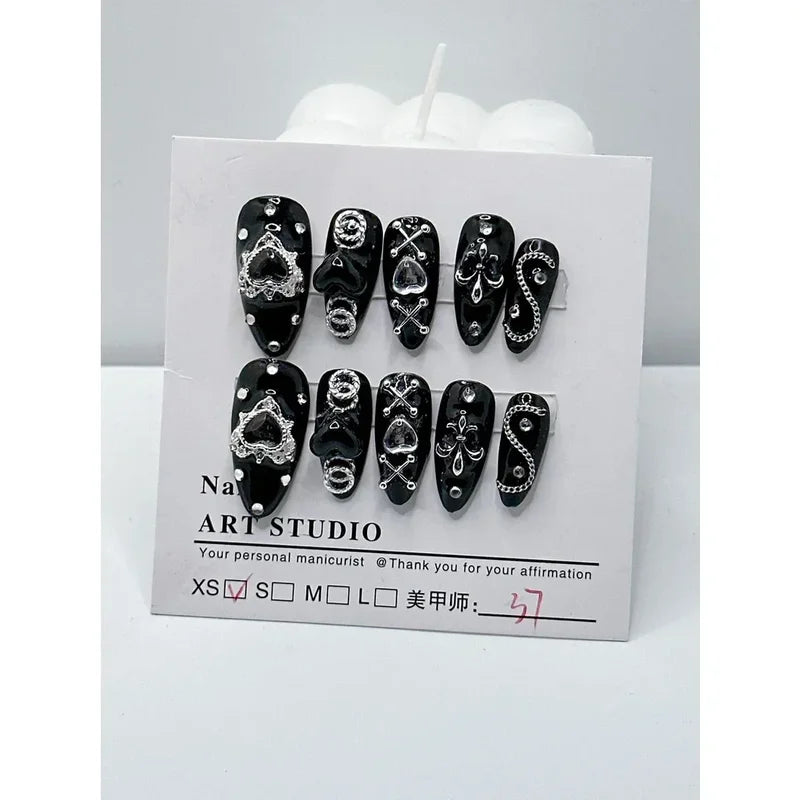 10 Pieces Handmade Dark Mine Series Fake Nail Sets for Dark Spicy Girl Style Nail Art