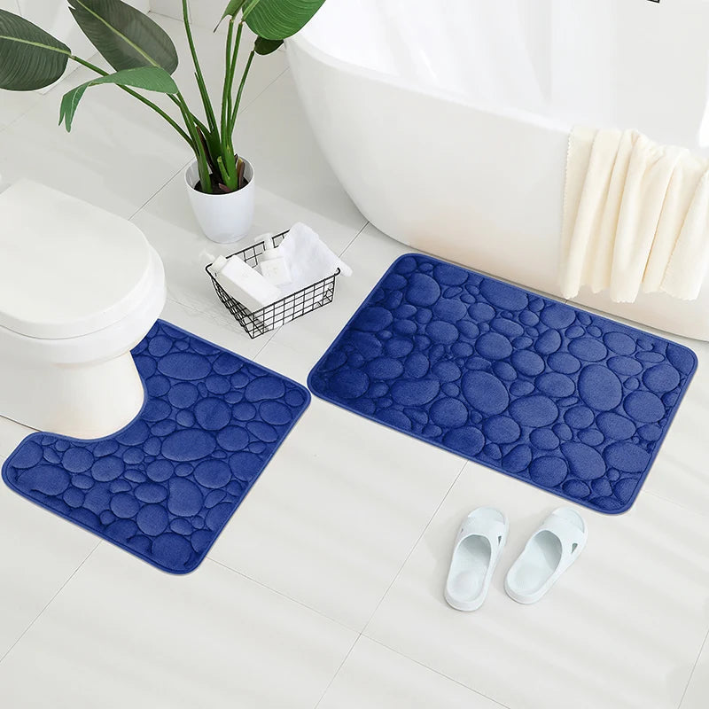 Embroidery Pebble Coral Velvet Floor Mat Set U-Shaped Sponge Absorbent Door Bathroom Rug