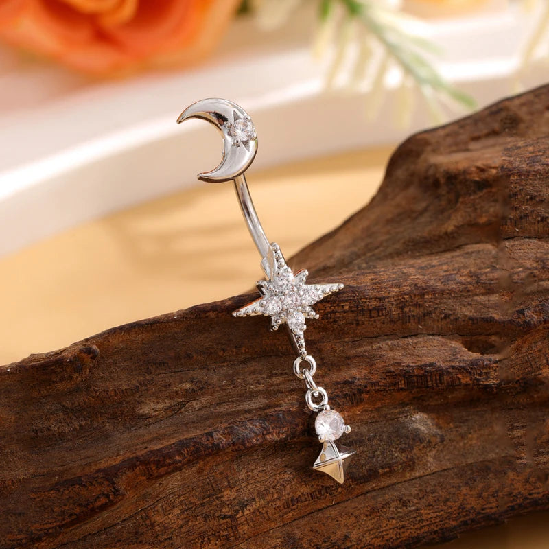 Moon & Star Belly Piercing Jewelry 14G Curved Navel Ring for Women Girls