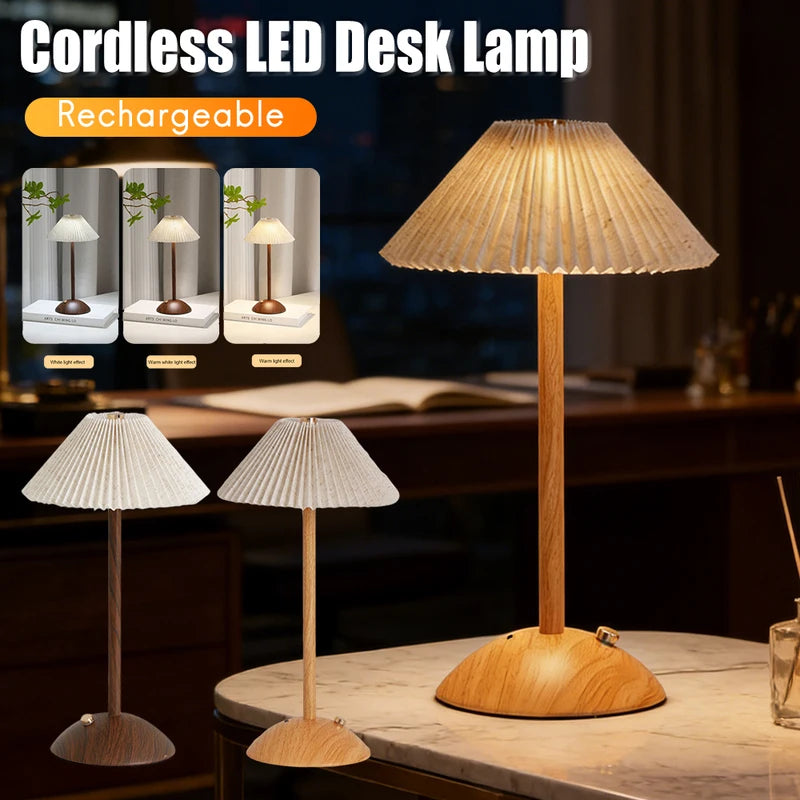 Portable LED Desk Lamp with Wooden Base and Fabric Shade - Rechargeable, Dimmable, Touch Control - Home Office Bedside