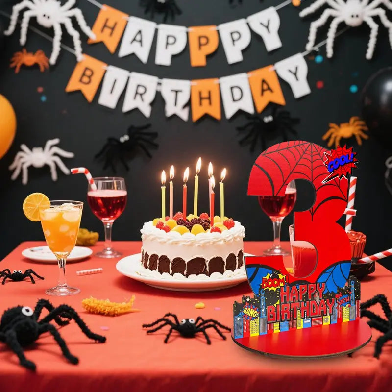 Spider Theme Birthday Number Sign Centerpiece Wooden Table Decor Photo Prop