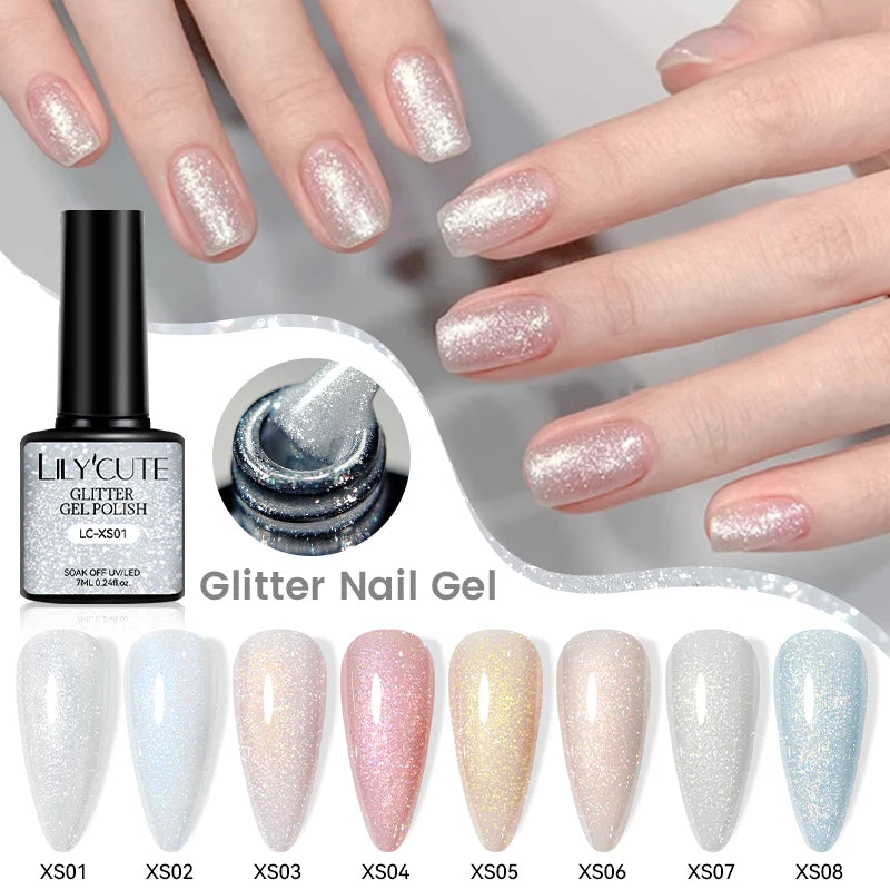 7ml Glitter Nail Gel Polish - Shiny Pearl Shell Sparkling White UV LED Varnish