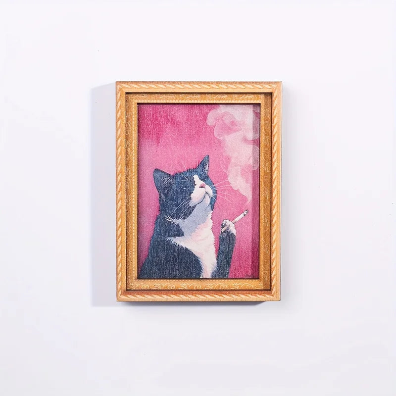 Vintage Magnetic Photo Frame - Wooden Cat Art Oil Painting Style Fridge Magnet
