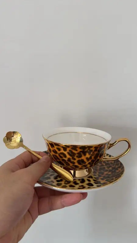 Ceramic Coffee Cup and Saucer Set with Leopard Print and Spoon - Elegant Home Use