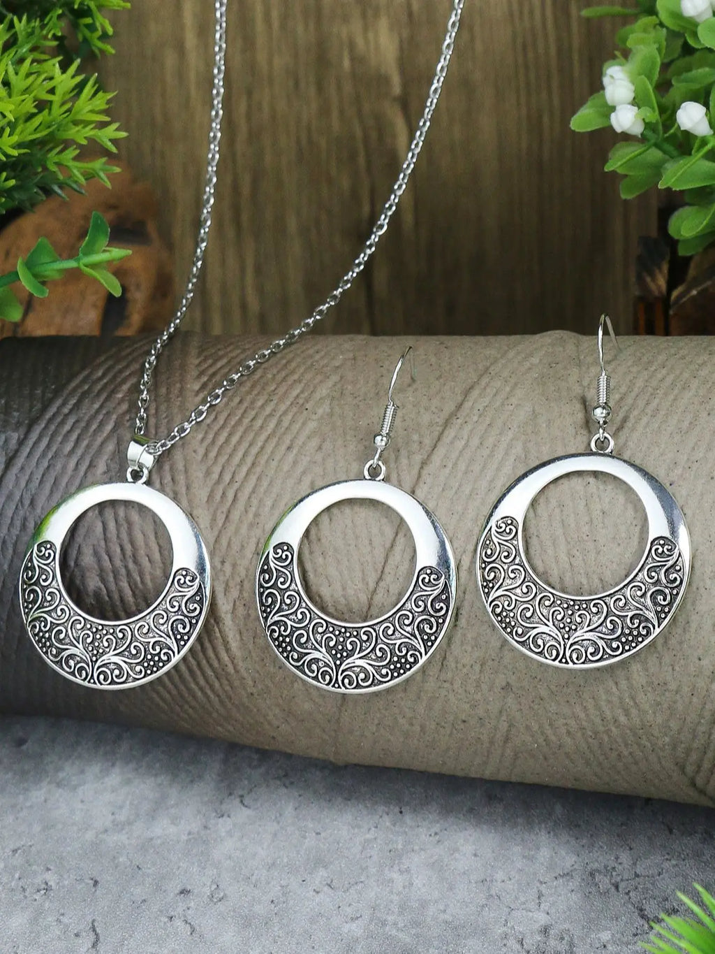 Vintage Ethnic Silver Pendant Earrings Necklace Set for Women - Carved Jewelry