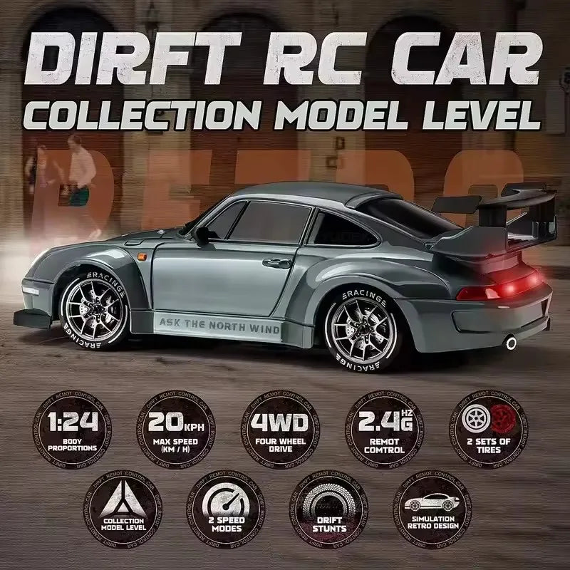 High Speed 1:24 Scale 4WD Remote Control Drift Car with Lights & Replaceable Tires