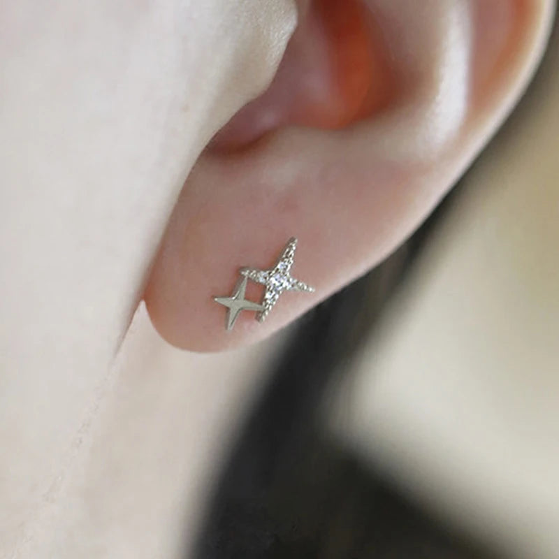 Fashion Silver Color Stud Earrings for Women - Asymmetrical Cross Star Jewelry