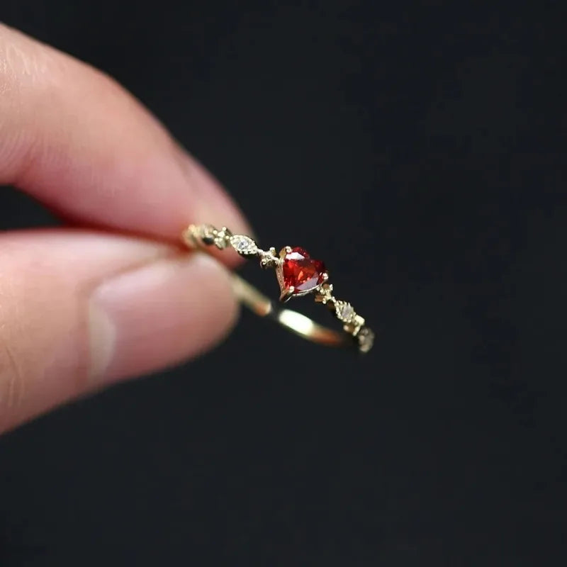 Luxury Red Heart Crystal Opening Rings for Women Wedding Jewelry Stainless Steel
