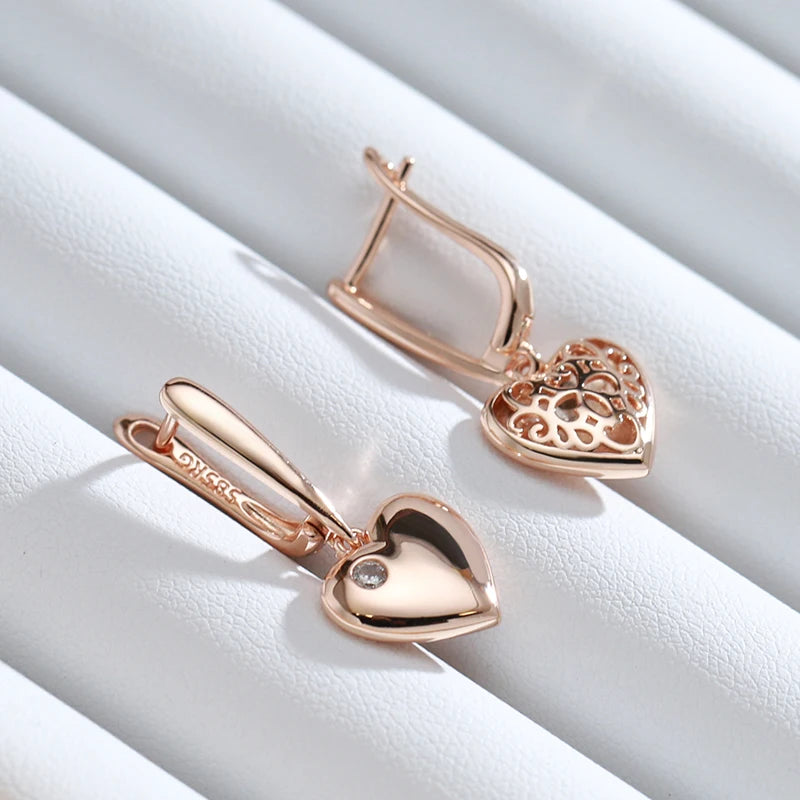 Luxury Heart Drop Earrings with Natural Zircon in Rose Gold for Women
