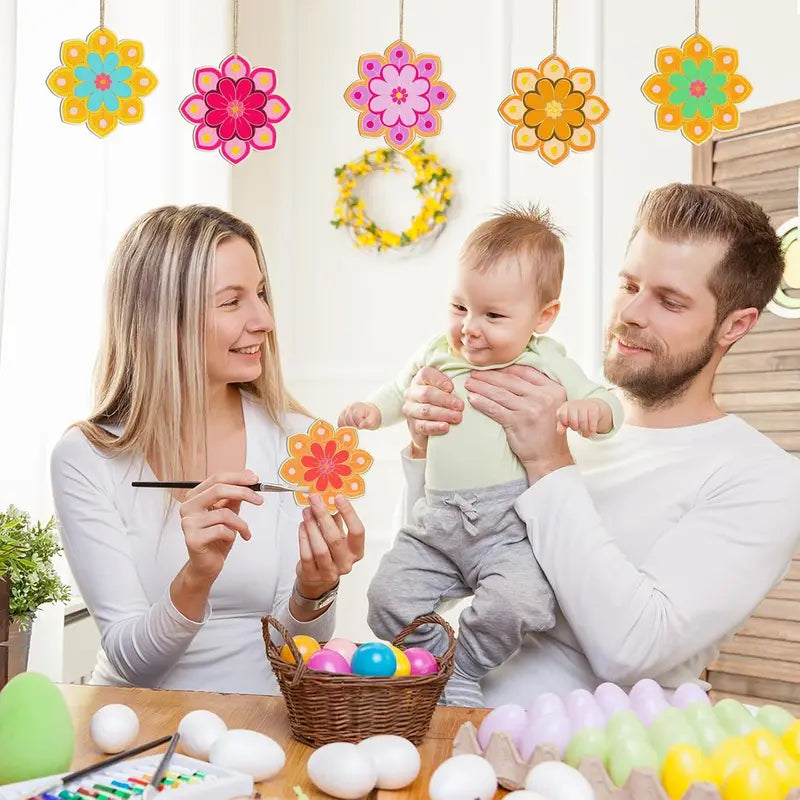 10pcs Unfinished Wooden Flower Ornaments for DIY Crafts, Christmas Hanging Decor