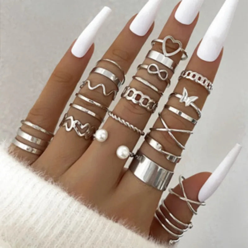 Luxury Gold Geometric Zircon Pearl Ring Set for Women - Multi-piece Jewelry Collection