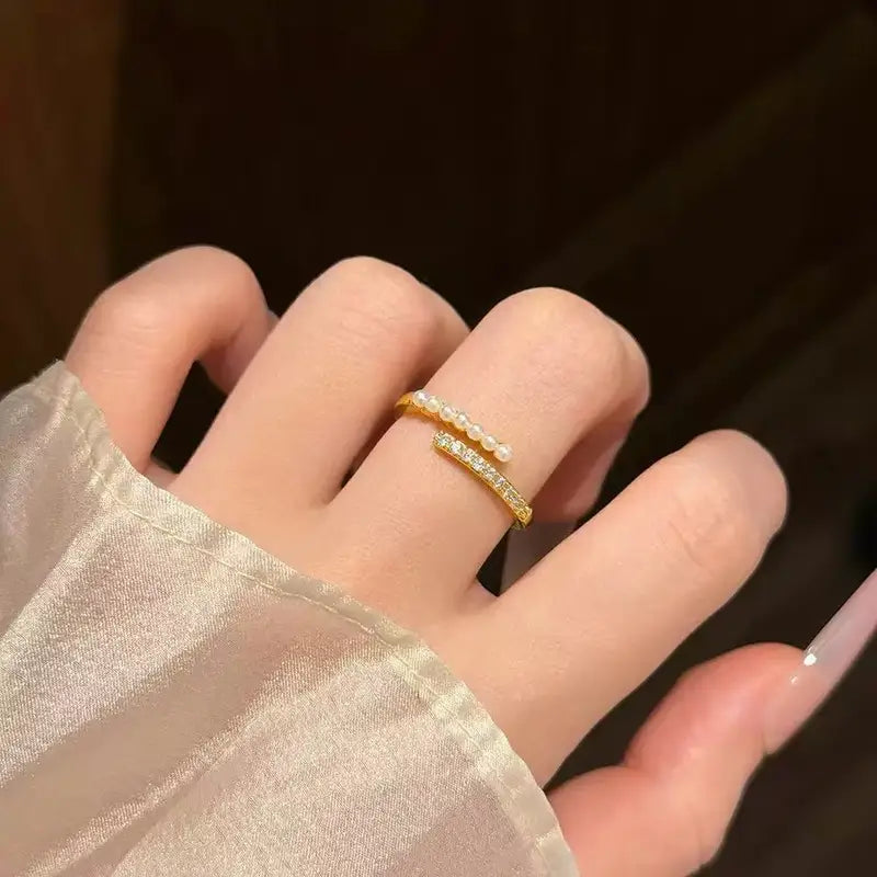 Elegant Micro Water Diamond Ring with Imitation Pearl for Women - Adjustable Jewelry for Parties and Weddings