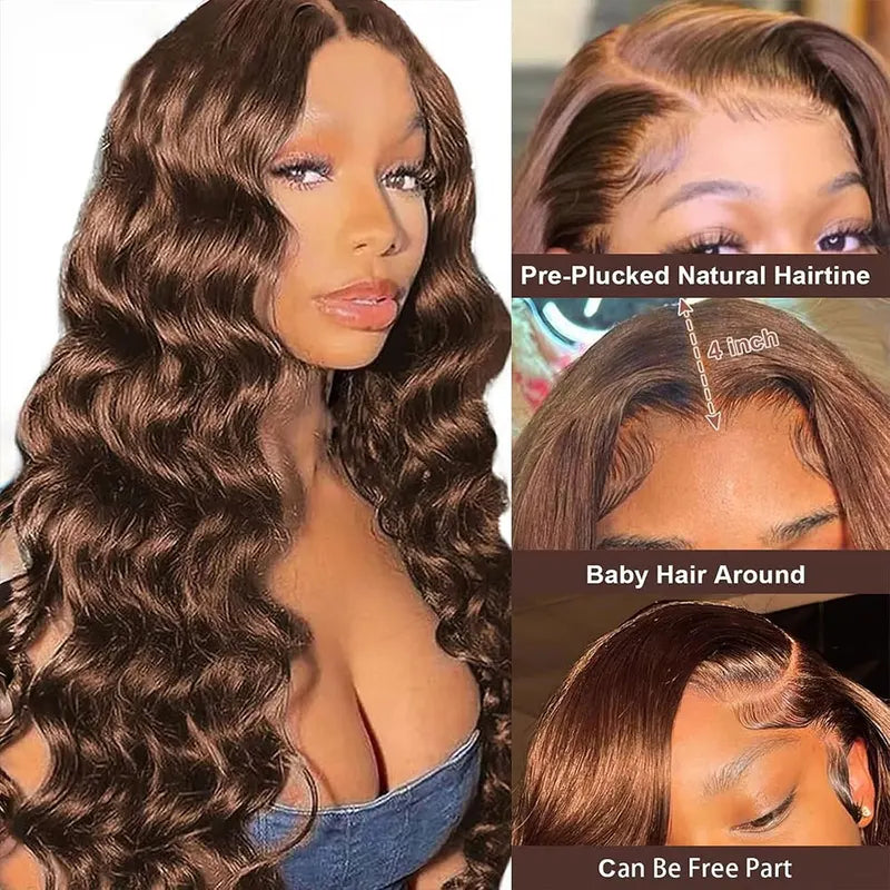 Deep Wave Chocolate Brown 13x4 HD Lace Front Wig 34 Inch Human Hair with 250% Density