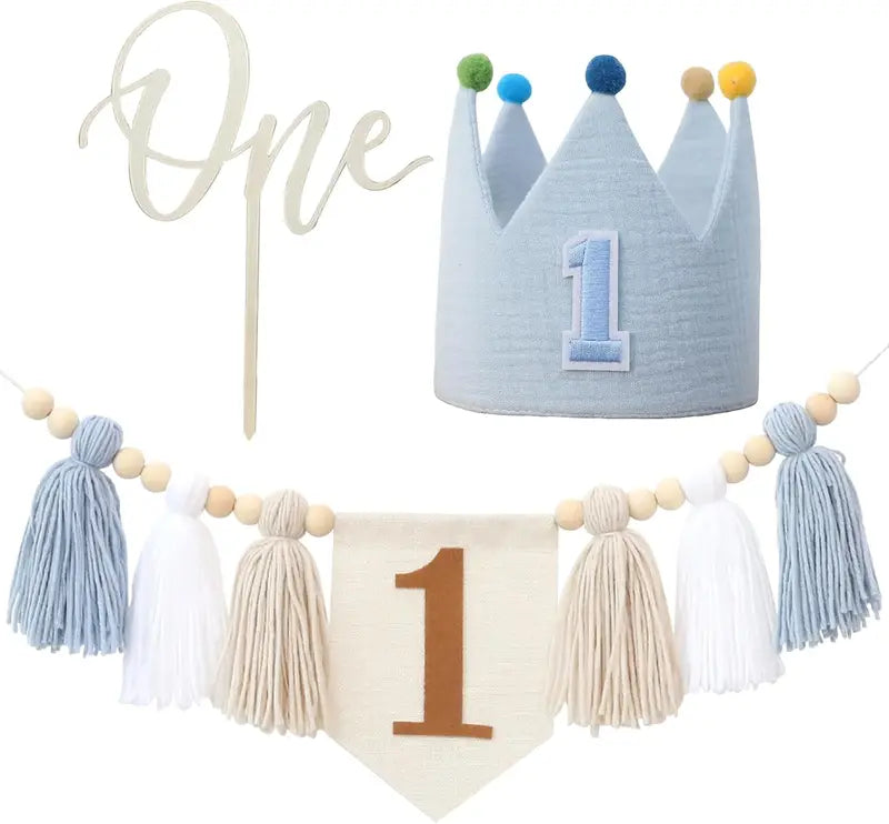 Baby First Birthday Decorations Set - Blue High Chair Banner & Wall Hangings