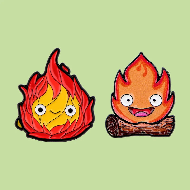 2-Pack Cute Flame Enamel Pins Cartoon Anime Movie Brooches Fashion Jewelry