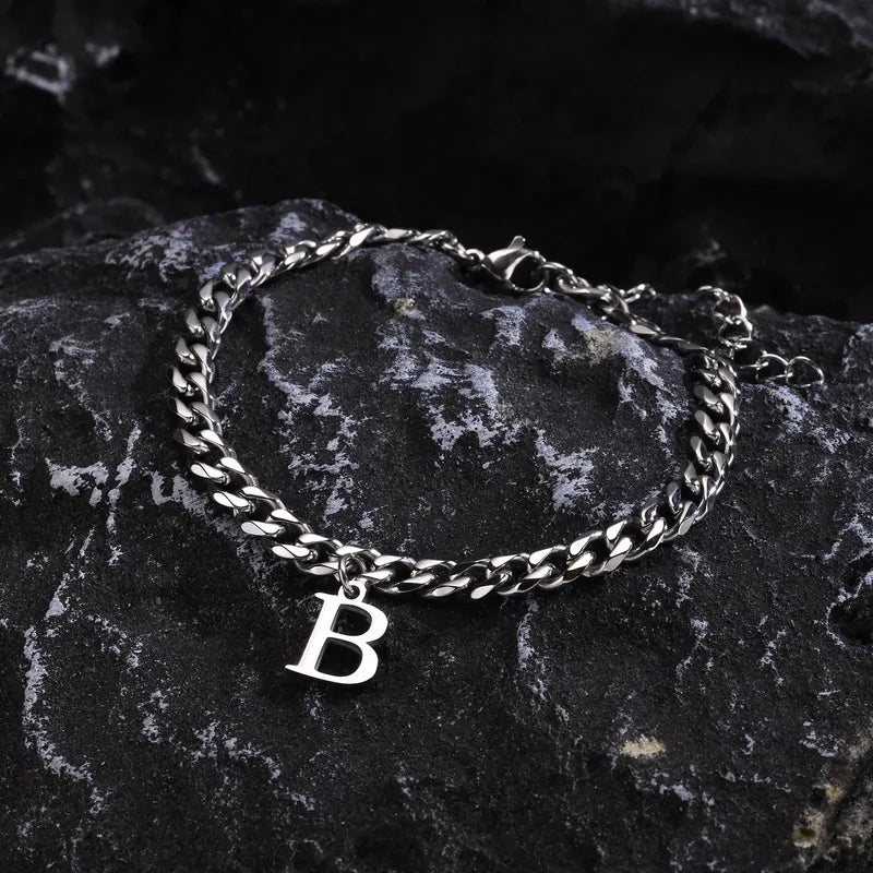 Men's Initials Cuban Link Chain Bracelets - Stainless Steel Alphabet Charm Wristband, Adjustable, Gift-Ready