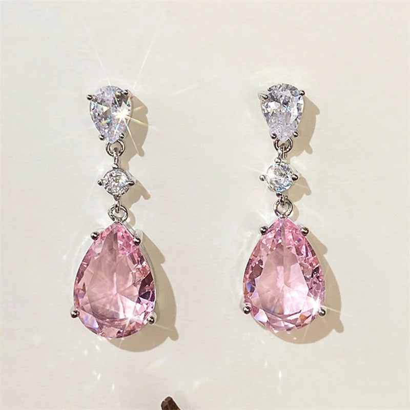 Pink Pear Drop Earrings with Cubic Zirconia for Women Engagement Party Jewelry