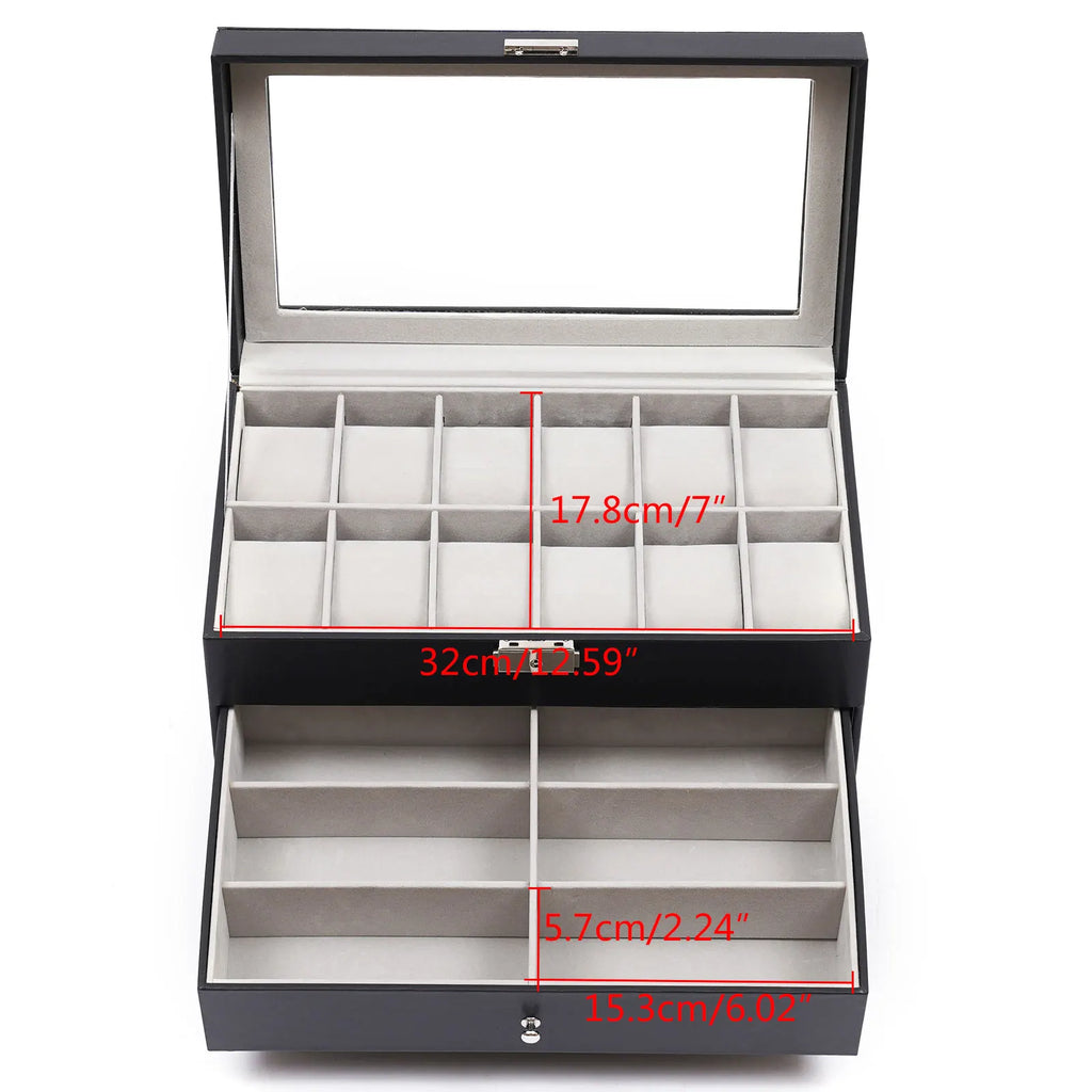 12 Compartments Watch Storage Box Jewelry Organizer with Glass Window