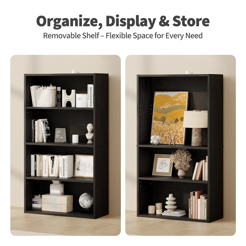 3-4 Tier Wooden Floor Shelf Bookcase Tall Standing Open Storage for Living Room and Home Office