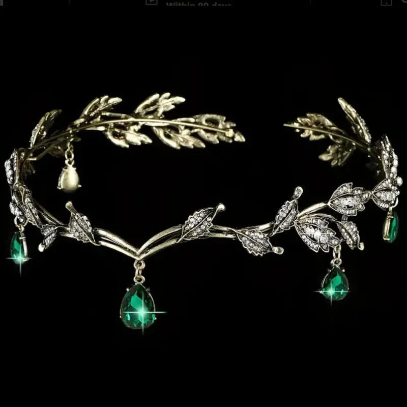 Vintage Fairy Crown Tiara with Emerald Green Crystals for Women Costume Hair Jewelry
