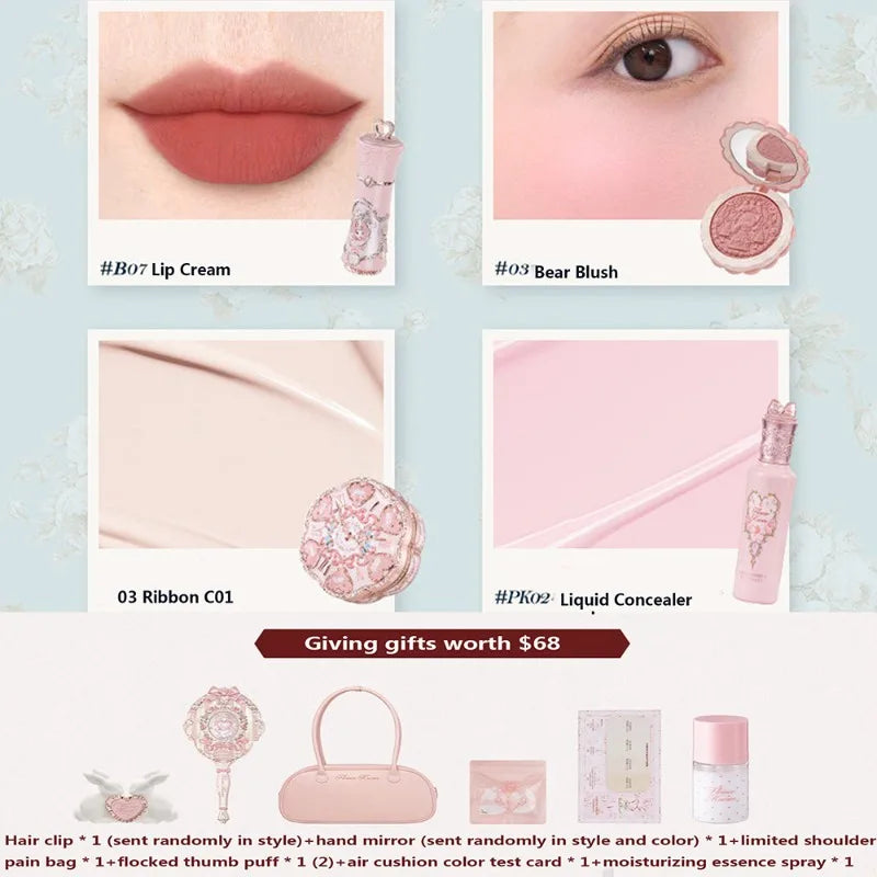 Complete Makeup Gift Set with Lip Cream Blush Cushion BB Concealer & Hydrating Essence in Cosmetic Bag