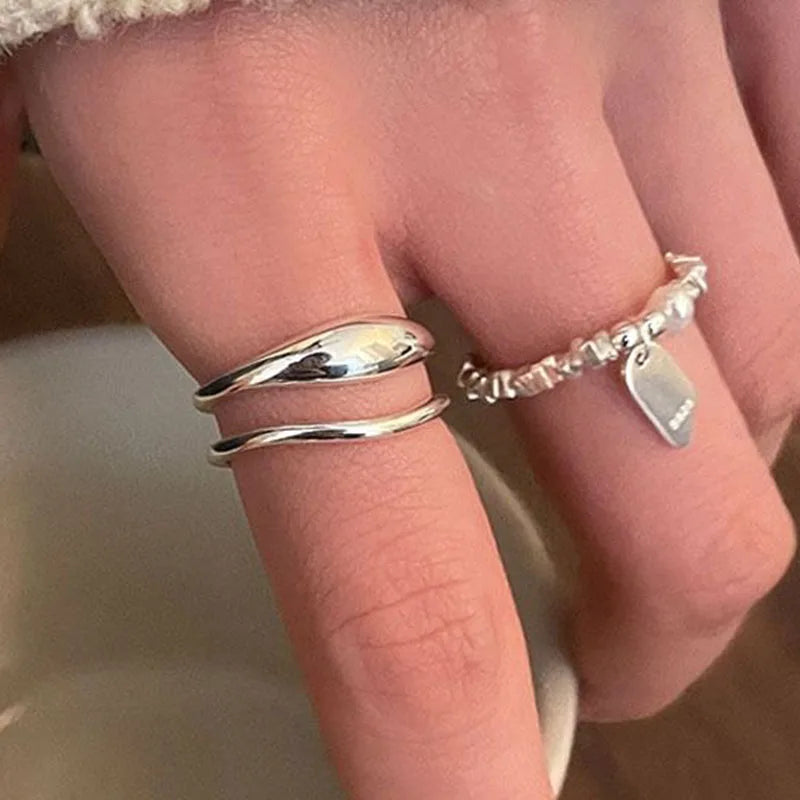 Sterling Silver Geometric Double Layer Ring for Women - Handmade Vintage Style
