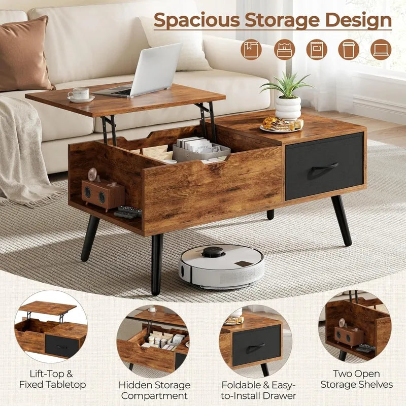 Lift Top Coffee Table with Hidden Storage and Shelf - Modern Home & Office