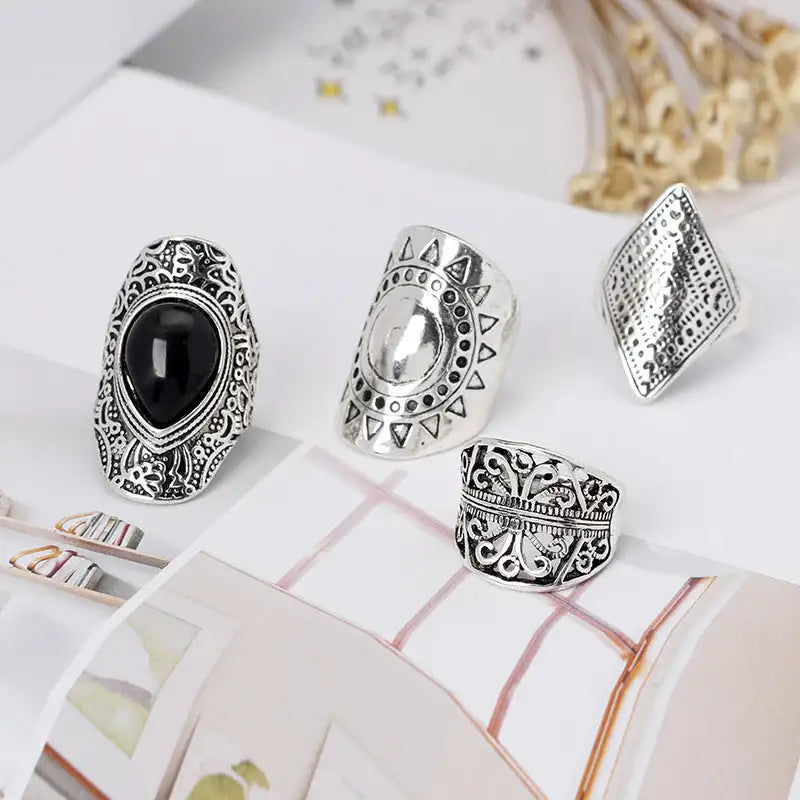 Vintage Silver Plated Boho Ethnic Midi Knuckle Rings 4-Piece Set Women Jewelry