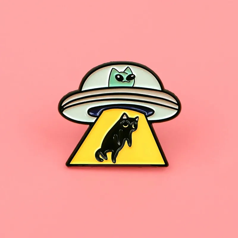 UFO Alien Enamel Pin for Backpack & Clothing Accessories - Black Cat Badge