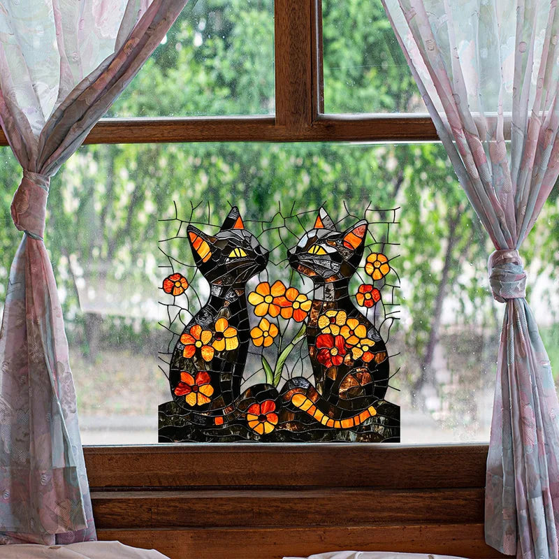 Cartoon Kitten Flower Glass Stickers for Wall Decoration - 1 Piece