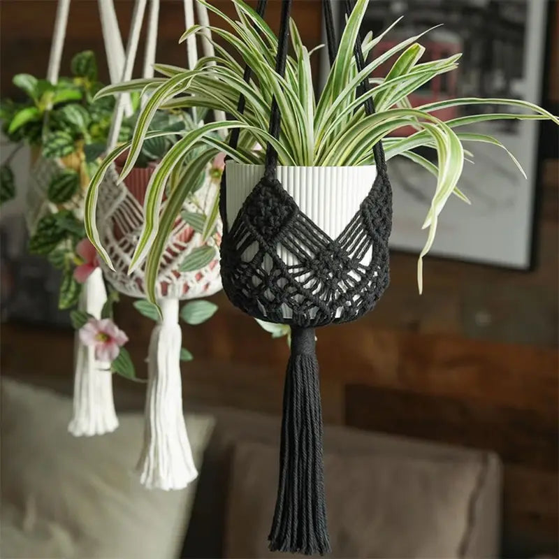 Boho Cotton Rope Plant Hanger with Net Pouch - Indoor Outdoor Hanging Basket