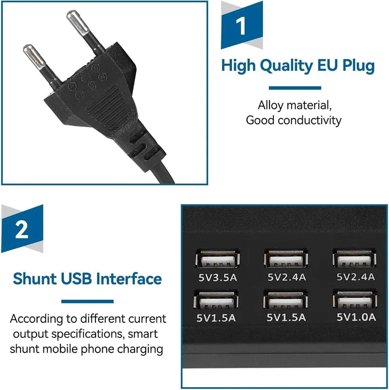 12-Port USB Charging Station Multi-Device Power Hub with EU Plug