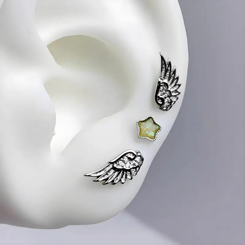 3-Pack Shiny Angel Wing Star Ear Studs for Women and Couples Jewelry