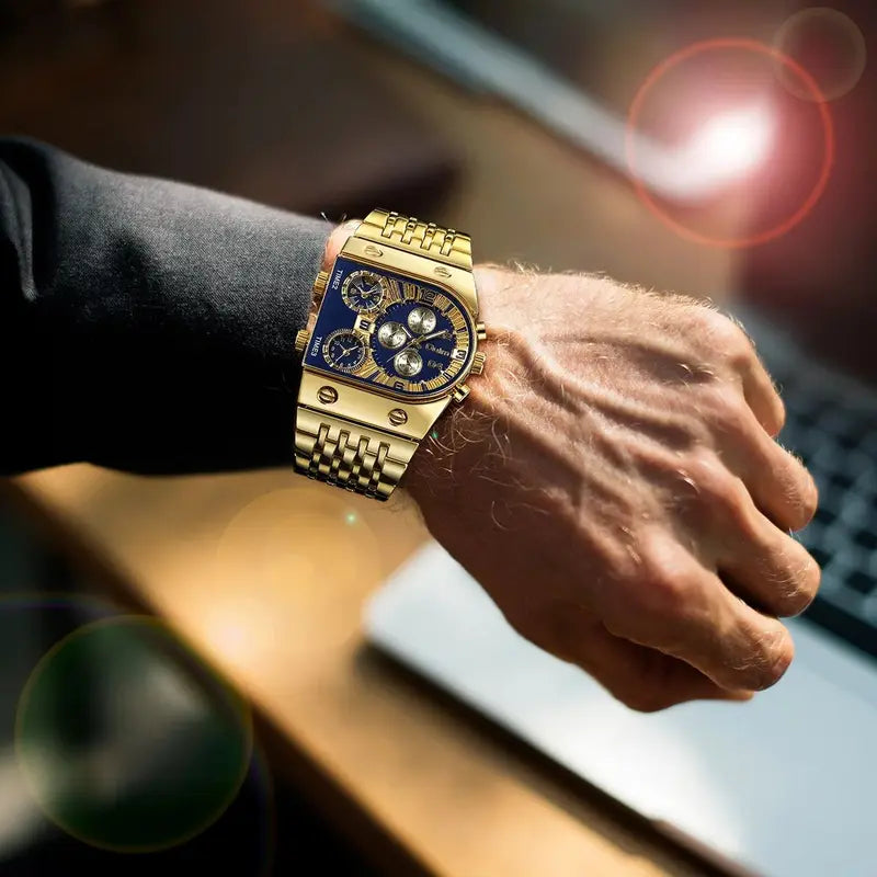 Luxury Multi-Time Zone Men's Quartz Watch with Large Dial and Luminous Steel Band