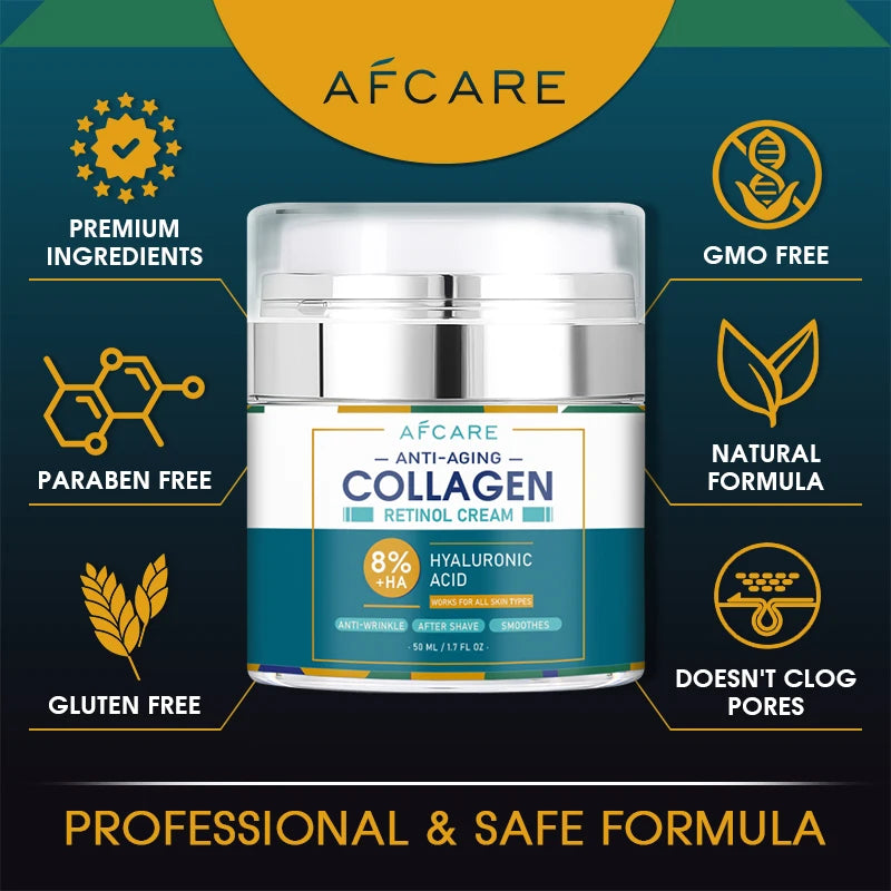 8% Collagen Face Cream with Hyaluronic Acid & Retinol - Anti-Aging Moisturizer for All Skin Types