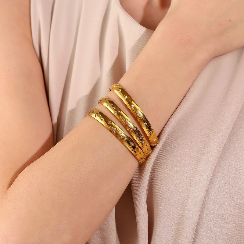 Retro Star Moon Eye Octagonal Zirconia Stainless Steel Women's Bracelet - Waterproof Jewelry Gift