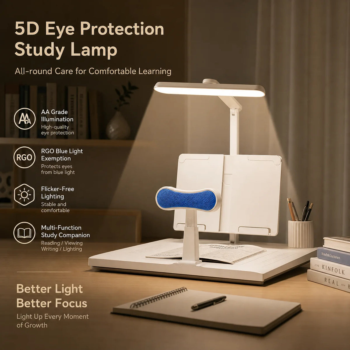 LED Study Lamp with Posture Corrector and Adjustable Book Stand - Eye Care Light