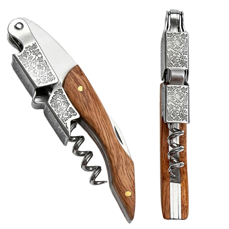 Professional Waiters Corkscrew with Ergonomic Wooden Handle and Bottle Opener