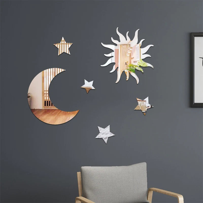 6PCS Star Moon Acrylic Mirror Wall Stickers - Self-Adhesive Decor for Bedroom & Living Room