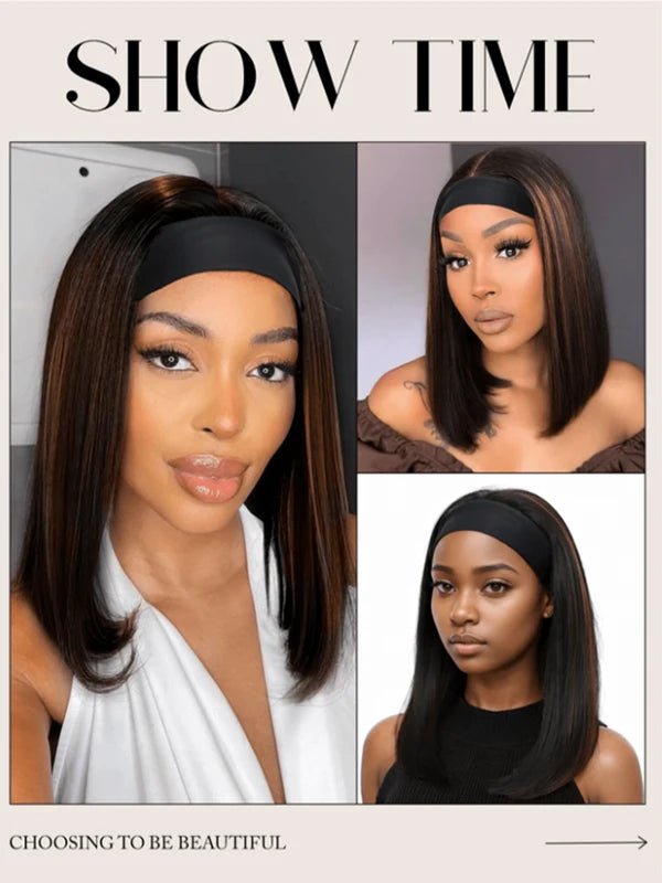 16 Inch Synthetic Headband Wig for Women - Ombre Brown Straight Bob Hair