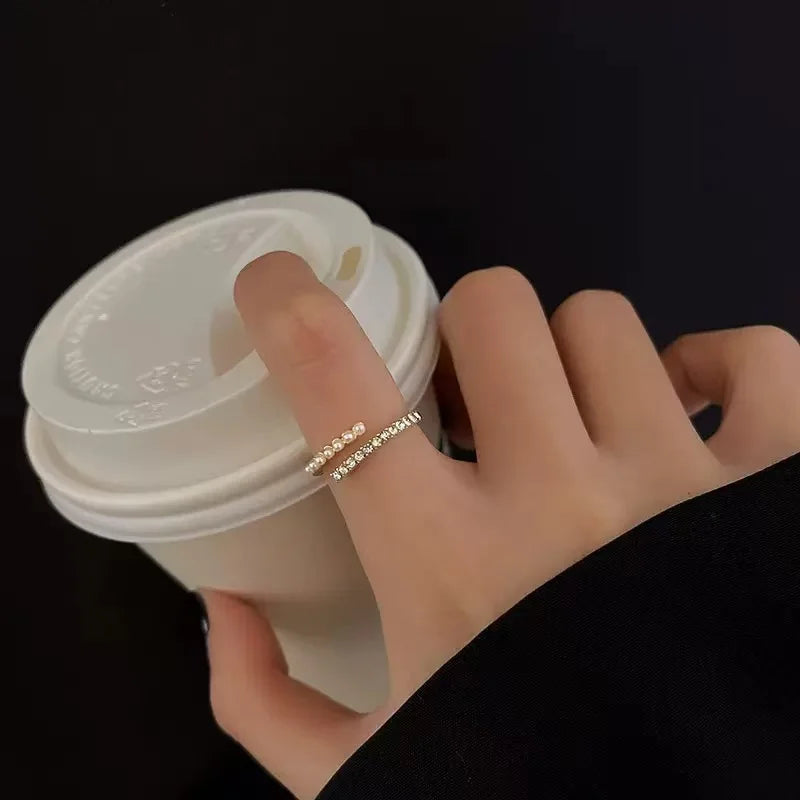 Elegant Micro Water Diamond Ring with Imitation Pearl for Women - Adjustable Jewelry for Parties and Weddings