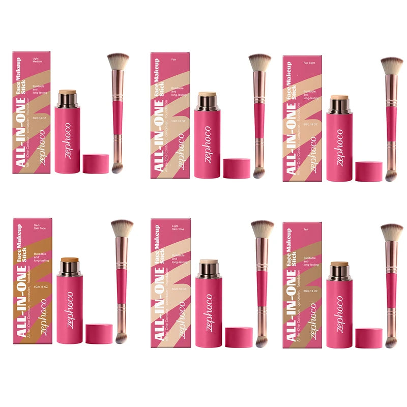 3-in-1 Waterproof Face Makeup Stick Set with Double-Ended Brush - Lightweight Contour & Concealer