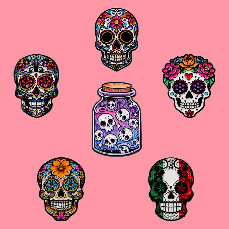 Halloween Mexican Skull Enamel Brooch Pins for Backpack & Clothing Accessories - Skeleton Potion Badge